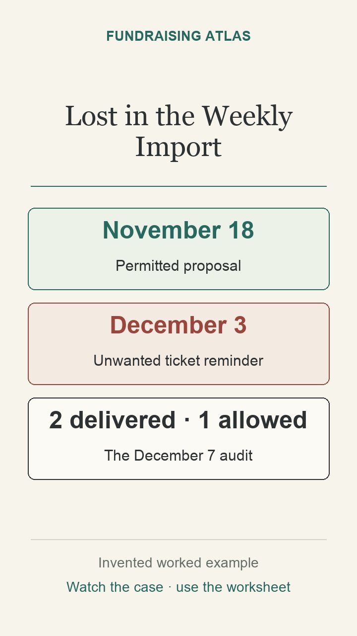 Ruth’s one-fundraising-email preference runs from November 1, 2026 to January 31, 2027. Dan’s November 18 family room proposal is permitted. A weekly events import loses suppression and a December 3 ticket reminder becomes the second delivered ask. Keisha finds it December 7, fixes the import and finds eleven more affected donors. Eleven whose latest preferences permit email get a plain apology with no request. One now wants no email: Keisha records and fixes the breach, then sends nothing. Recheck actual deliveries and suppression after imports or list rebuilds.