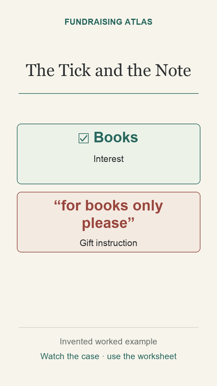 Joan ticks Books and writes “for books only please” with a $500 gift. The tick chooses program stories only for donors who requested updates; it does not move money. Yusuf holds allocation and keeps the exact note. Marisol clarifies the books-only use and Yusuf records the restriction after checking policy. Interest, gift terms and permission for updates remain separate.